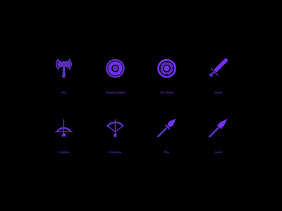 Weapon items for the game - glyph style axe bow crossbow flat game glyphs graphic design icons iron shield item lance longbow pike shield solid sword uidesign weapon wooden shield