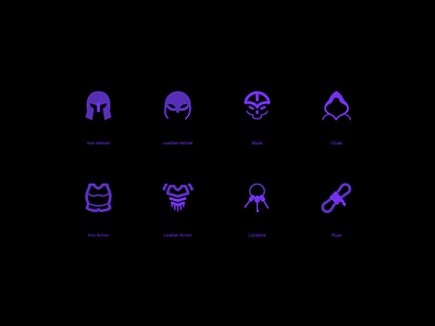 Armor items for the game - glyph style armor cloak design figma gamedesign glyph icondesign icons iron armor iron helmet item leather armor leather helmet lockpick mask rope solid ui uidesign vector