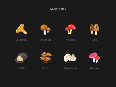 Mushrooms hit of the season amanita brown cap chanterelle figma food health icons morel russula stump truffle vector vegan сhampignon
