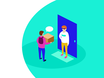 Illustration of courier delivery box delievery isometric man meeting new present vector
