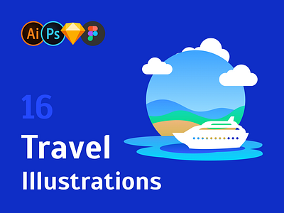 Travel Illustration Set airplane app avia beach car city figma icon icons illustration kit sand sea set sketch sky train travel ui vector