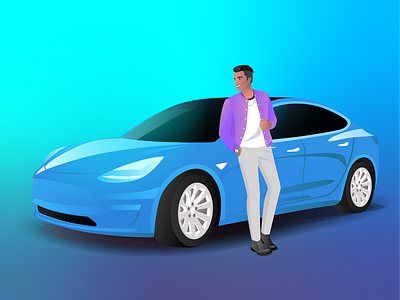 Man With Tesla Model 3 - NBA Firm 2020 3 blue car blue color burnwe car electric car event guy illustration jacket model purpole rolex smiling tesla tesla model 3 trend