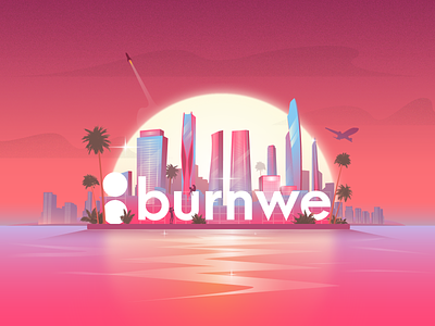 Sunset illustration - Burnwe Video Marketing Agency 2021 trends 2d airplane animated explainer beach burnwe city illustration design illustration miami vice palm palms pink rocket skyscrapers spacex sunset sunshine travel illustration video illustration