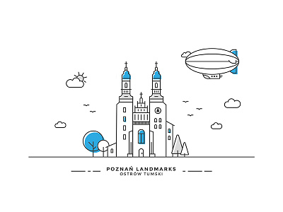 Poznan Landmarks #02 building church illustration landmark line ostrow plane poznan vector zeppelin