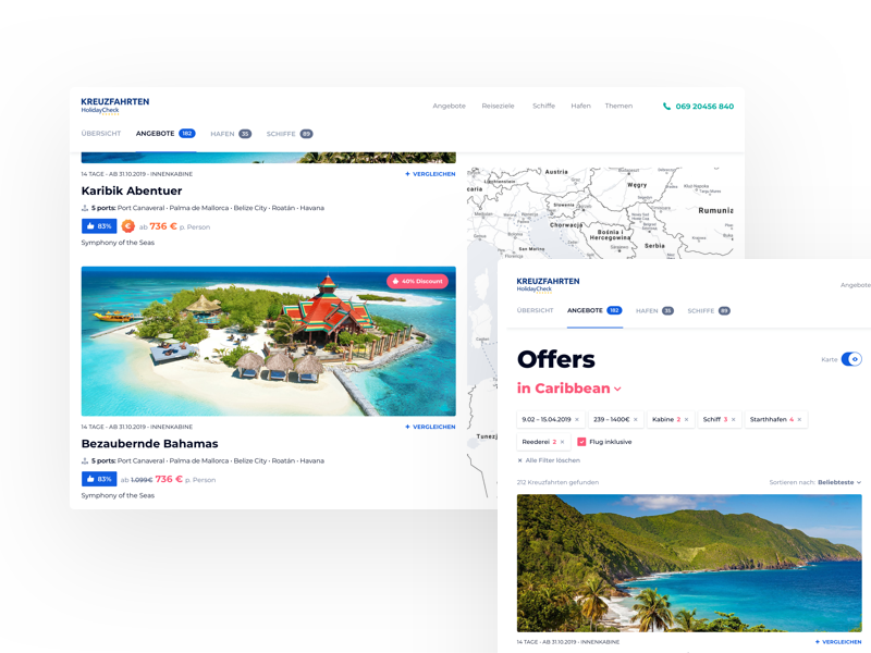 HolidayCheck Cruises - Offers map cruises offers grid travel ui filters destinations