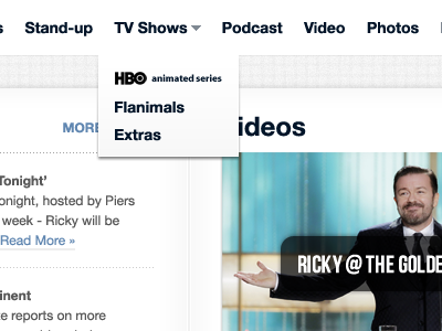 Ricky Gervais.com - Dropdown for the helluvit redesign ricky gervais