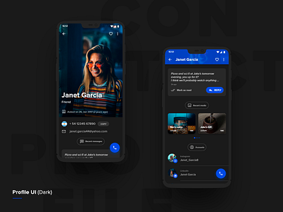 Contact Profile dark theme UI app design dark app dark theme design material design profile design typography ui ui deisgn ui pattern vector visual design weekly ui