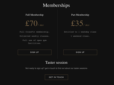Membership section crossfit dark gym membership pricing sign up web design