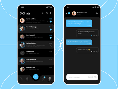 Chat app design - UI/UX call chat chat app chatting clean dark dark app dark ui darkmode message app messaging app product design ui ui design uidesign uix ux ux design uxdesign uxui