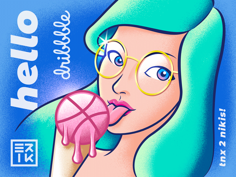 Heeeeello! 👅 blue debut eyeglasses fresh girl hello dribbble ice cream illustration licking pop summer thanks
