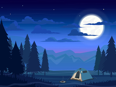 Free Night with a Tent in the Forest Vector Template art camp camping forest free freebie illustration moon mountain night tent vector