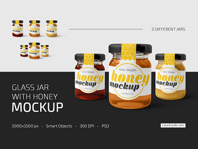 Glass Jar with Honey Mockup Set bee bottle confiture food glass honey jar label logo mockup mockups product