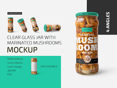 Clear Glass Jar with Marinated Mushrooms Mockup Set bottle canned conservation food glass jar label marinated mockup mockups mushroom mushrooms