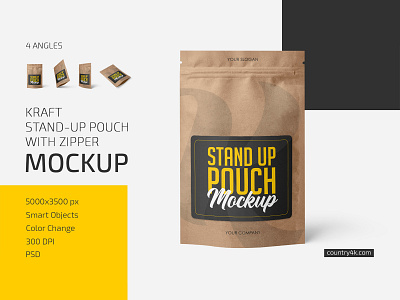 Kraft Stand-Up Pouch with Zipper Mockup Set bag branding coffee doypack food label logo mockup mockups pouch snack stand up