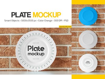 Plate Mockup Set brick ceramic country4k dinner dish food kitchen logo mockup mockups plate porcelain tableware wall