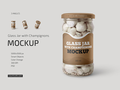 Glass Jar with Champignons Mockup Set can champignon conservation container dinner food glass jar label marine mockup mockups mushroom organic product vegetable vegetarian