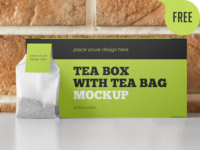 Free Tea Box with Tea Bag Mockup cardboard free freebie label leaf logo mockup tag