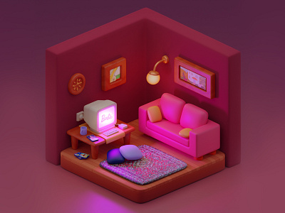 3D Retro living room 3d blender illustration isometric room