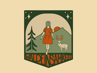 Waldeinsamkeit design enchanted forestbadge forestlogo girlinwoods graphic illustration logo mountains naturebadge orangeandgreen trees vector whimsical woodland wunderlust