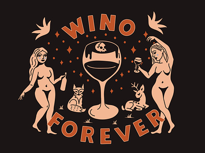 WINO 4 EVER cheers design graphic illustration vector wine wino witches woodlandcreatures