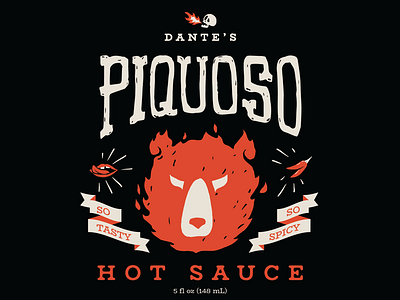 Dante’s Piquoso Hot Sauce bear branding chili dark fire flame hot sauce illustration label labeling packaging spicy tasty