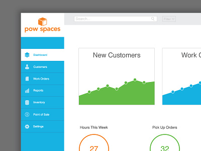 Dashboard design for Pow Spaces dashboard flat graph icons ui web