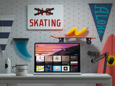 Dann's workspace 3D 3d c4d cinema 4d dann petty desk hero image render skateboard surf working space