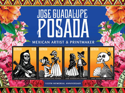 Stamps //Jose Posada blue bright culture dark flowers mexico posada print skeletons stamps vibrent