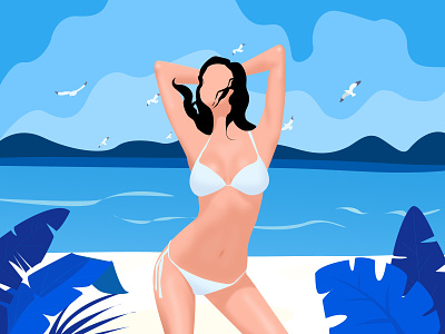 Beach girl ai beach bikini bright colorful girl illustration image seagull summer