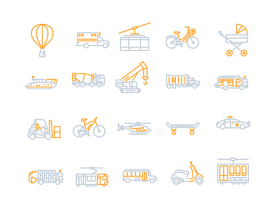 Transportation Icons Set aerial tramway airplance ambulance baby carriage balloon bicycle boat cement mixer crane dump truck fire engine forklift helicopter maountain bike police car recycling truck school bus scooter skateboard transportation