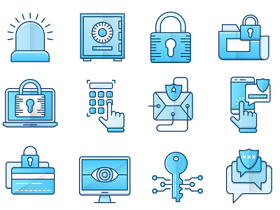 Security blue icons set alarm cloud security conversation security deposit electronic key email virus threat fingerprint scanner icon icons lightning mobile security monitoring passcode password fishing payment secure protection safe security