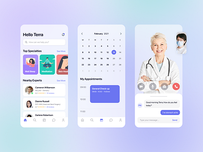 Healthcare App 💊 app design blue booking calendar chat covid doctor doctor appointment doctor booking health health app healthcare mask meditation meeting product design purple schedule ui