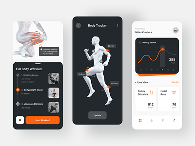 Health Assistant App 3d app body chart darkui excersice fitness healthapp healthcare healthtech heart heartrate human mobile product design step tracker tracking ui workout