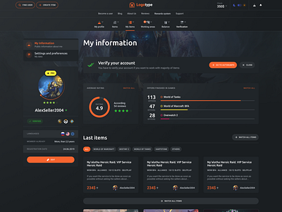 Gaming platform - Profile page dark theme game gaming ui ux web design webdesign world of warcraft wow