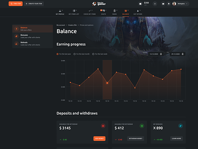Balance page: Dark mode. Gaming platform dark theme esports gaming gaming marketplace ui ux web design webdesign world of warcraft wow