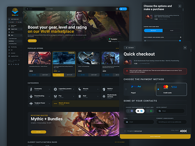 Gaming e-commerece: Homepage & Checkout page dark theme esports figma gaming gaming marketplace ui ux web design world of warcraft wow