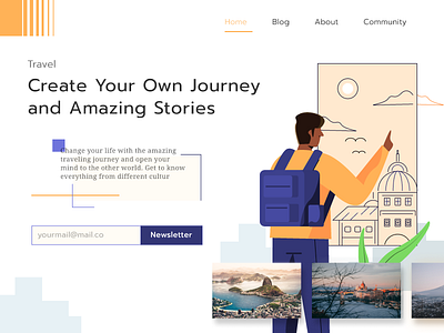 Traveling Landing Page Exploration homepage illustration ilustration journey landing page monolines stories travel traveling ui website