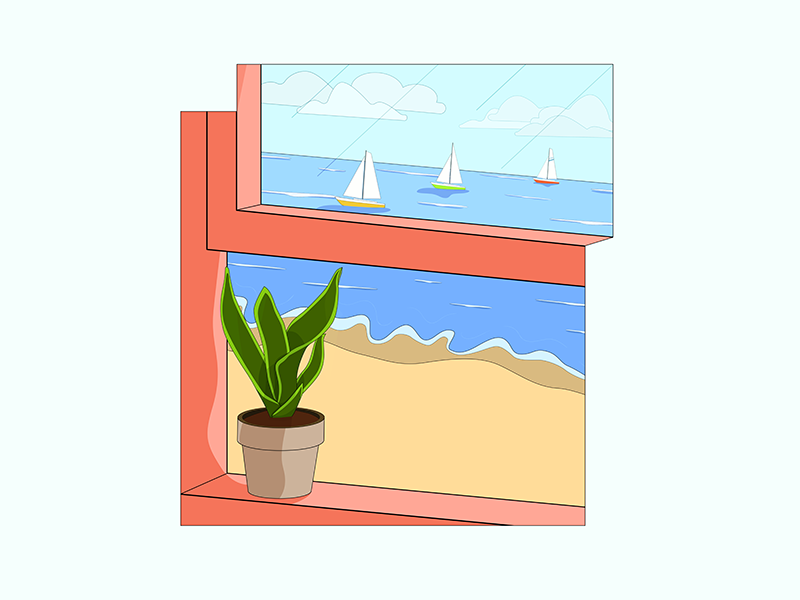 Breathe Crisp. flat window plant sailboat beach vector sketch simple poster minimal logo illustration icon graphic drawing design clean cartoon branding 2d
