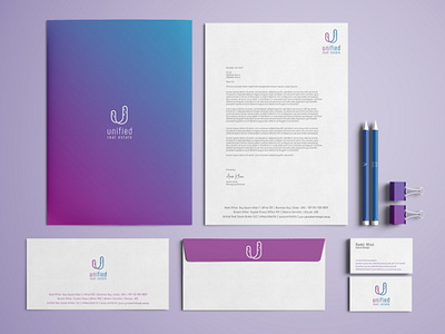 Unified Stationery Design blue branding business card envelope flat letter paperclip purple real estate simple stationery thin lines unfiied united