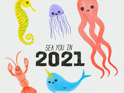 Happy New Year! Sea you in 2021 animal design graphic illustration lobster narwhal ocean octopus procreate sea seahorse watercolor