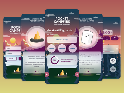 Pocket Campfire: Relaxation and Mindfulness adobe xd app concept app design illustration meditation mobile app design mobile ui ui ui design