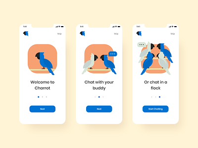 Onboarding for a chatting app - XD Daily Challenge adobe app bird character chat clean dailyui design illustration minimal onboarding parrot ui ux vector xd xddailychallenge