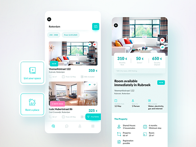 Rent a place UI card design cards ui inspiration interface design light minimal mobile app product design rent rental app ui design