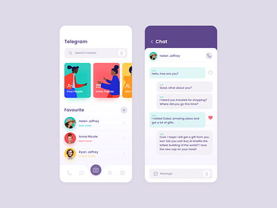 Telegram Messaging App calling app camera clean clean ui creative friends green groups messaging app minimalist design mobile mobile app design pink purple redesign concept social media telegram concept ui ux ui design yellow