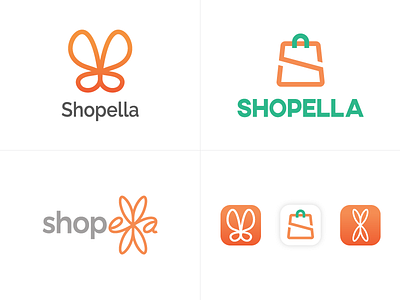 Shopella Logo Options app bag branding butterfly creative design flat graphic design green icon illustration logo orange shopping typography web