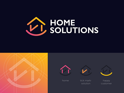 Home Solutions Logo abstract branding clean consumer creative customer design graphic design grids home house logo mark orange qatar solutions tick