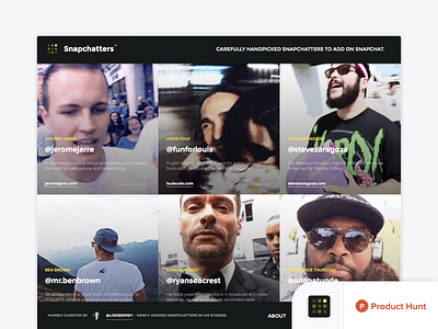 Snapchatters™ on Product Hunt. dark experiment gif grid product hunt scroll snapchat width