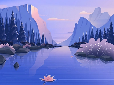 Hello dribbble! dusk illustration maple leaf mountain water