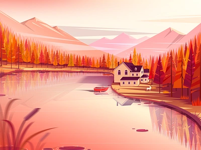 Autumn landscape boat design dusk fall fall colors falls house illustration mountain water