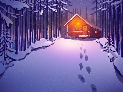 Home on a snowy night cabin flat home illustration night the scenery tree ui winter